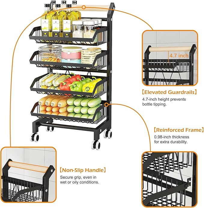 4-Tier Kitchen Utility Cart with Wheels - Versatile Mobile Storage Organizer with Adjustable Baskets for Kitchen, Pantry, Fruits, Vegetables, Snacks