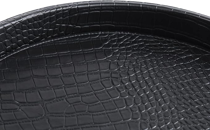 HofferRuffer Faux Leather Round Serving Tray, Vegan Croco Leather Decorative Tray, Food Tray for Storage Drinks, Snack & Cosmetics, Dia.12'' x 1.6'' (Black)