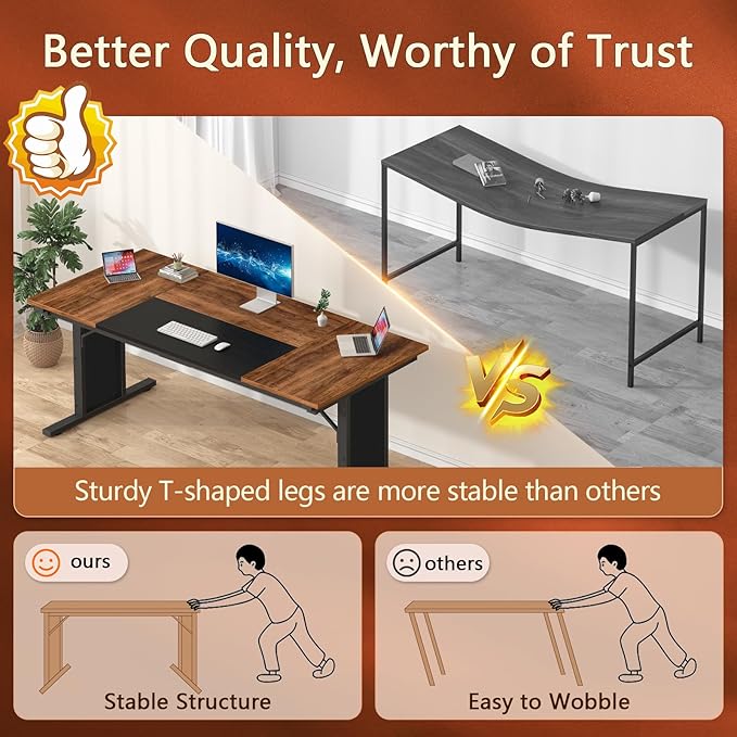 63 inch Computer Desk, Large Executive Office Desk, Gaming Desk Modern Work Desk Study Writing Table for Home Office, Brown and Black