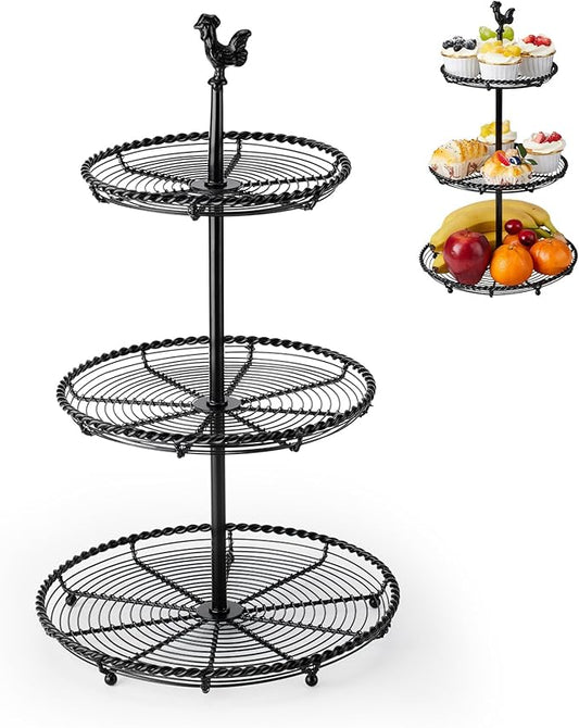 Openwork 3 Tiered Tray Stand, Vintage All-Iron 3 Tier Serving Tray with Hand - Twisted Edges & Chicken Top, Convertible Two Tiered Tray Stand for Home Kitchen Decor, Coffee Food Fruits Cupcakes