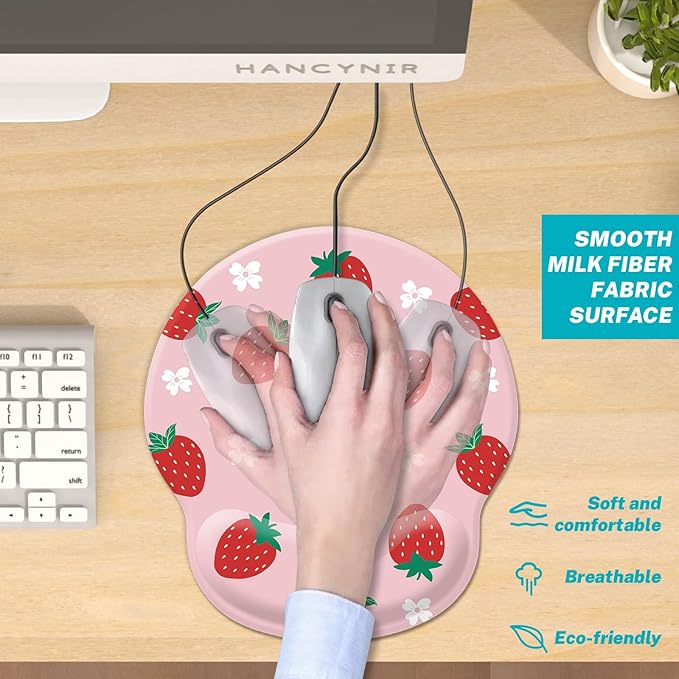 Pink Mouse Pad with Wrist Rest, Cute Strawberry Ergonomic Gel Mousepad Wrist Support, Computer Gaming Mouse Pad with Pain Relief Non-Slip PU Base for Desk Accessories Office Decor Supplies
