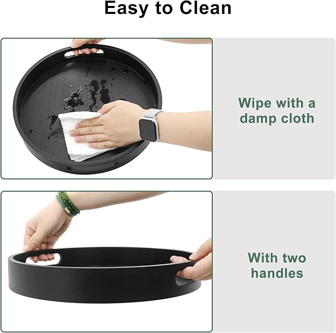 Round Decorative Tray,Wooden Serving Tray with Handles, 11.8in Black Decorative Trays for Coffee Table,Kitchen Counter,bandejas decorativas