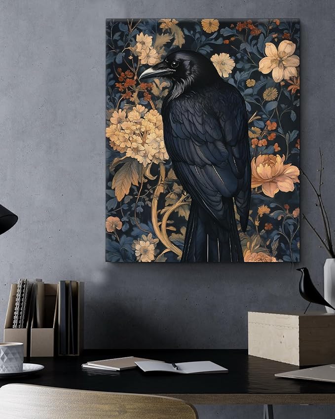 Aesthetic Raven Floral Wall Art Decor Vintage Raven Cottagecore Canvas Print Poster Dark Academia Framed Painting Wall Decoration for Home Farmhouse Living Room Bedroom 8x10 Inch