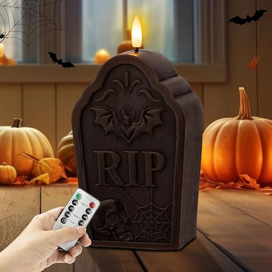 Halloween Flameless Candles with Remote, Real Wax Tombstone LED Candles, Flickering Battery Operated Fake Candle, Halloween Decorations for Table,Fireplace, Home, Party, Festival Decor