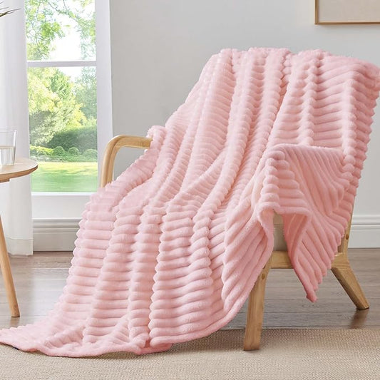 BEDELITE Fleece Throw Blanket for Couch - 300GSM Soft & Warm Fluffy Pink Blanket, Decorative and Giftable Striped Blankets for Women, Men, 50"x70"