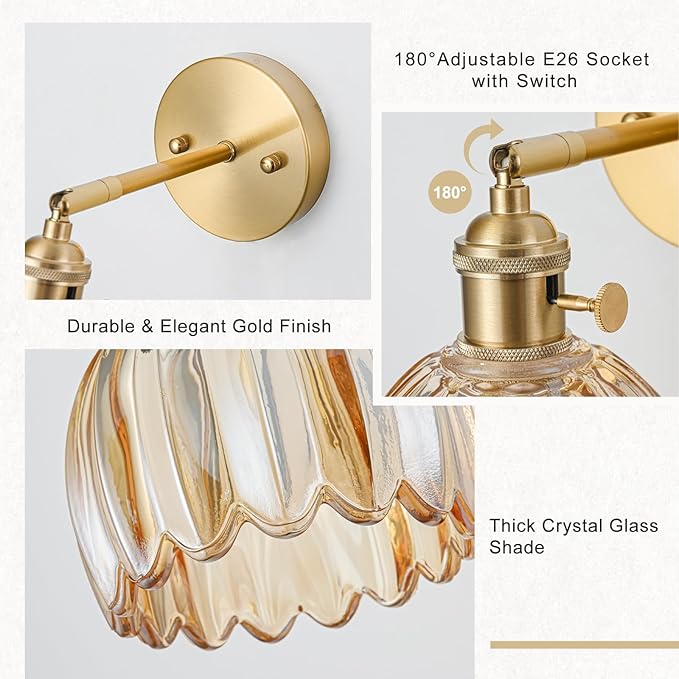 Hardwired Wall Sconce Light, Vintage Wall Sconce with Switch, Gold Wall Light Fixture with Tulip Amber Glass Lampshade, Indoor Wall Light for Bedroom Bathroom, Bedside Wall Lamp