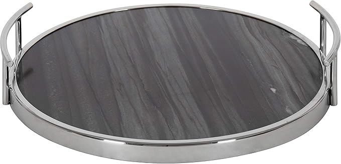 Kate and Laurel Marbury Modern Round Tray, 15 x 14 x 3, Gray Marble and Silver, Contemporary Marble Tray for Storage and Display