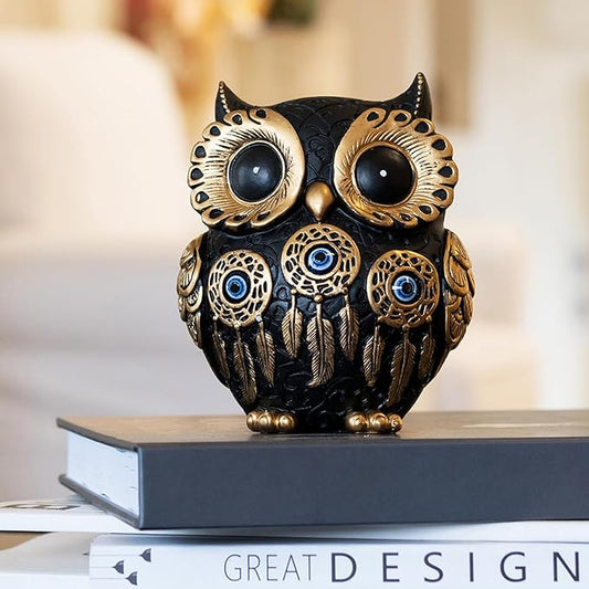 Vintage Black Owl Statue Home Decor - Evil Eye Accent for Bookshelf, Bedroom, Living Room, Office & Table. Cute Small Animal Sculpture Gift for Owl & Birds Lovers
