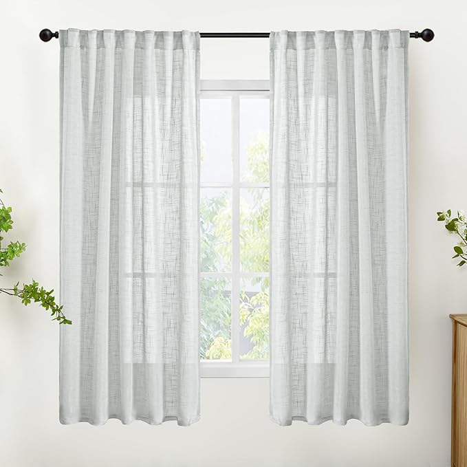 YoungsTex Light Grey Linen Curtains 63 Inch Length for Living Room Window, Semi Sheer Drapes Textured Light Filtering with Rod Pocket Back Tab for Bedroom, 2 Panels, 42 X 63 Inch