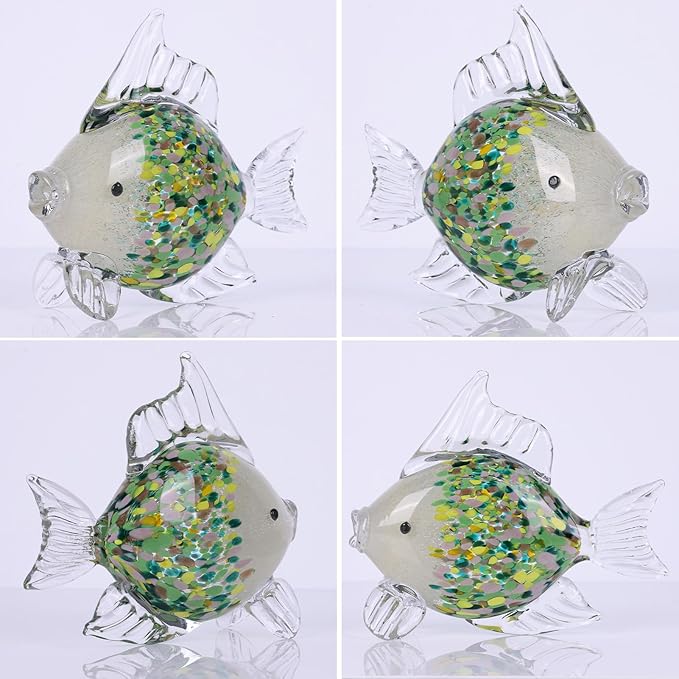 9.4 in Blown Colored Glass Fish Statue, Green Glass Fish Paperweight Sculpture for Modern Home Decor, Living Room Coffee Table, Office Desk, Dining Table Centerpiece, and Window Display (D)