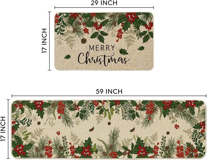 Artoid Mode Leaves Holly Merry Christmas Kitchen Mats Set of 2, Winter Home Decor Low-Profile Kitchen Rugs for Floor - 17x29 and 17x59 Inch