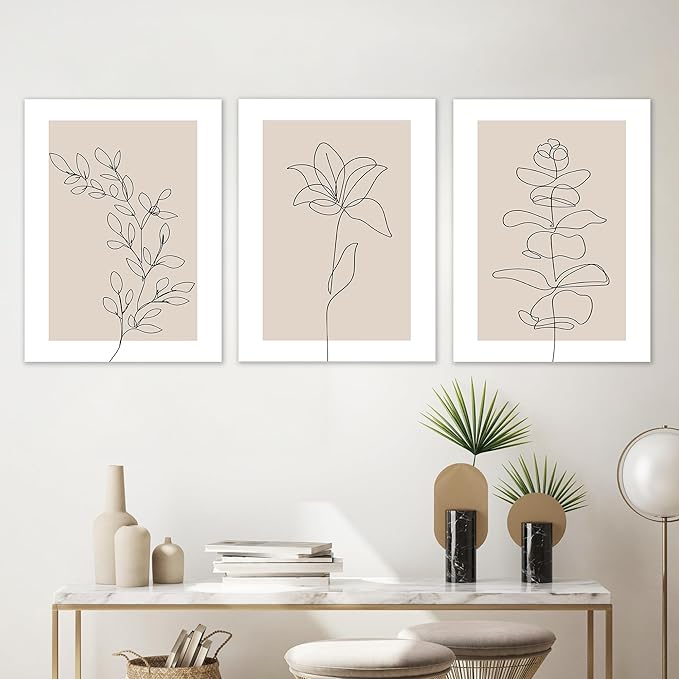 arfitest Neutral Plant Poster Wall Art 3 Pieces Canvas Minimalist Abstract Plant Painting Print Beige Leaf Print Wall Trim Line Art Bathroom Bedroom Living Room Decor 12x16 Inches