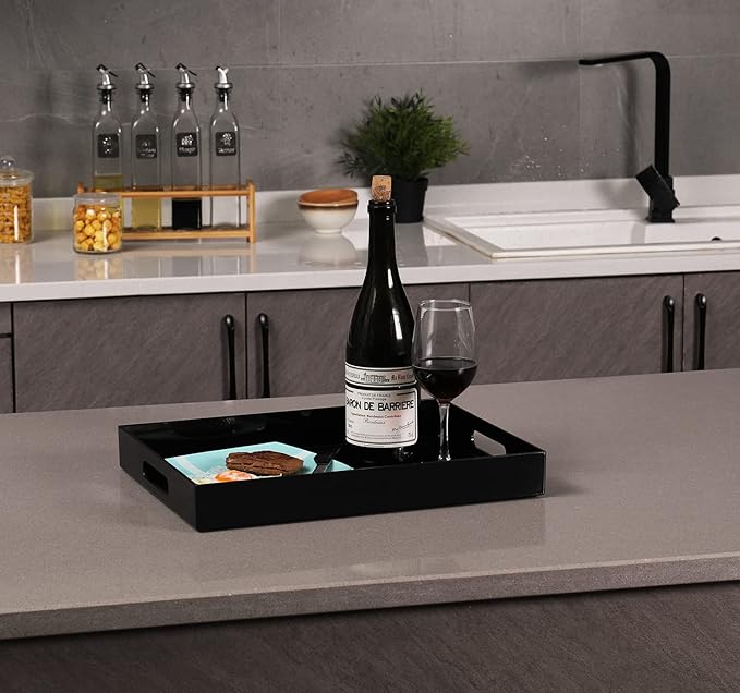 Sooyee Acrylic Serving Tray with Handles,16" x 12" Decorative Tray for Breakfast, Tea, Food, Butler,Coffee,Table Ottoman Vanity Countertop,Black