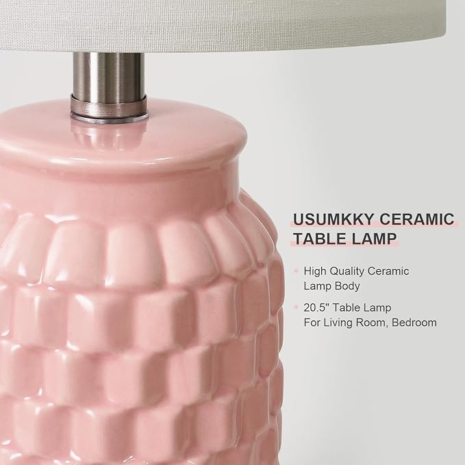 20.5" Pink Table Lamps Set of 2,Modern Farmhouse Bedside Lamps - Ceramic Nightstand Lamps for Bedroom,Boho Living Room End Tables,Small Office Desk Lamp