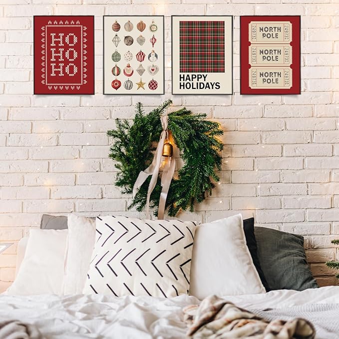 Wheatwin Christmas Wall Art Prints Set of 4, Trendy North Pole Wall Posters Aesthetic, Happy Holidays Winter Xmas Decor for Farmhouse Living Room Bedroom, 8x10 (Unframed)