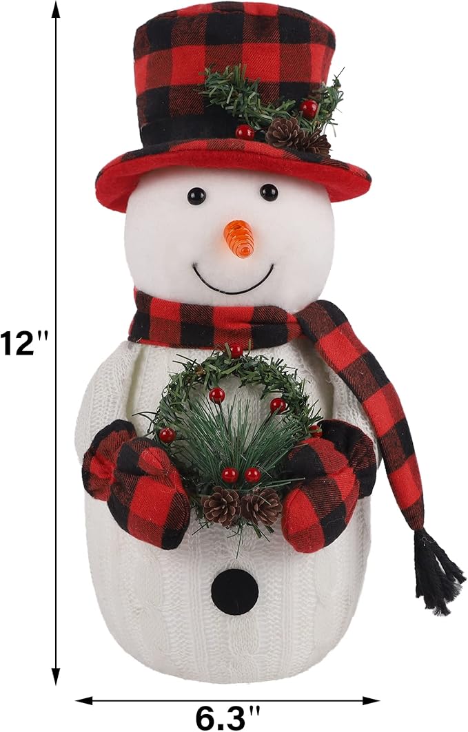 Christmas Lighted Snowman, 12" Snowman with Wreath Christmas Table Decorations, Red Black Plaid Snowman Xmas Decor for Home Kitchen Holiday Party