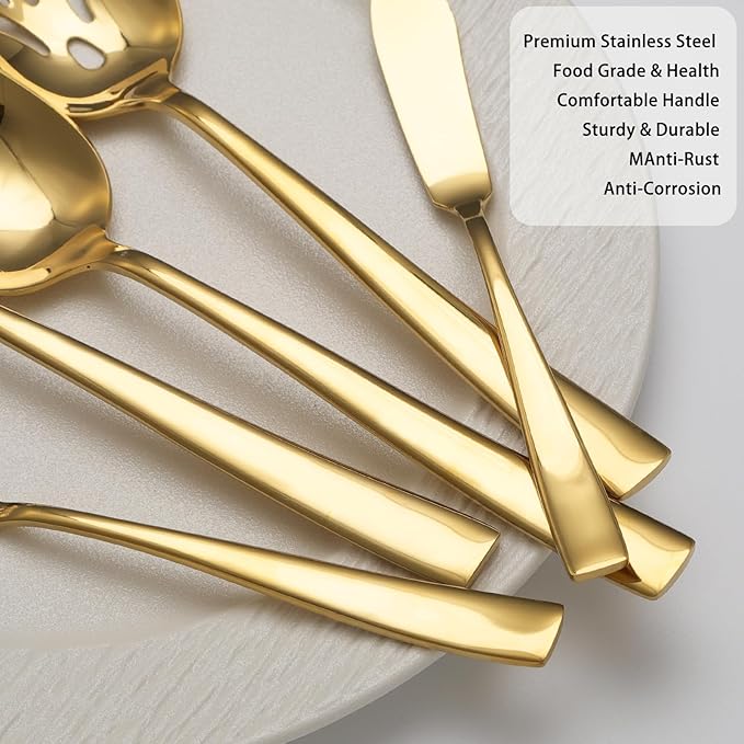 Large Hostess Serving Utensils Set, Stainless Steel Heavy Duty Serving spoons, Slotted Spoons, Serving Fork, Cake Server, Butter Knife, Dishwasher Safe (Gold)