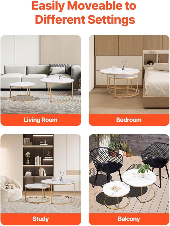 VEVOR Nesting Tables, Coffee Table Set of 2, 31.5 inch Round Coffee Table, Small Coffee Tables Night Stand with Metal Frame, for Living Room, Bedroom, Office (White & Gold)