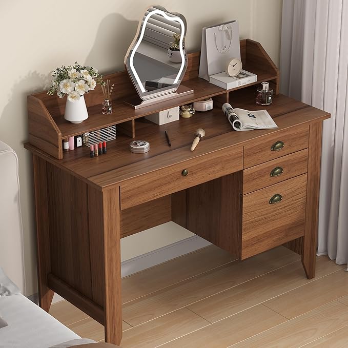 4 EVER WINNER Wooden Desk with Drawers, Small Desk with Monitor Stand and File Drawe, Office Desk with Drawers for Bedroom Small Spaces, Walnut