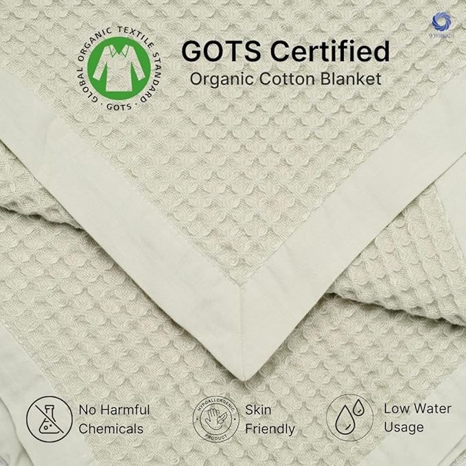 GOTS Certified Organic Cotton Waffle Weave Blanket, King Bed Size,108"X90" Cozy Throw Blanket for Couch, Modern Home Decor, Throw Blankets,Comfy Waffle Blanket Soft Bed Blankets -Sea Foam