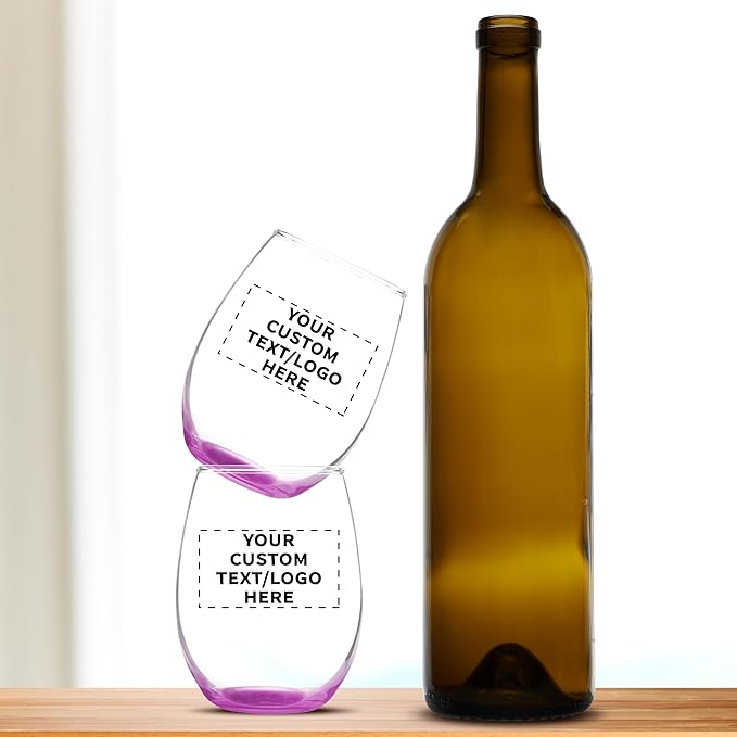 Custom Stemless Wine Glass 9 oz. Set of 50, Personalized Bulk Pack - Great for Wedding Favors, Bachelorette Party Decorations, Party Favors, Color Bottom - Pink