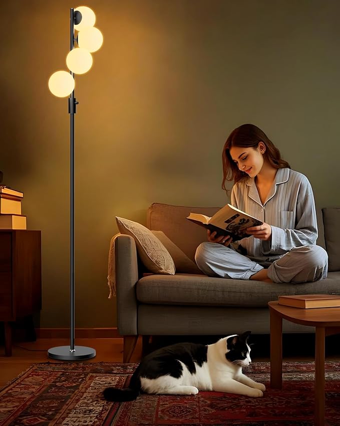 Lightdot 64IN Dimmable (Brightness Adjustable) Globe Floor Lamp, Black Standing Lamps with 4PCS 3000K G9 Bulbs Soft Warm White Eye Care, Mid Century Modern Floor Lamp for Living Room