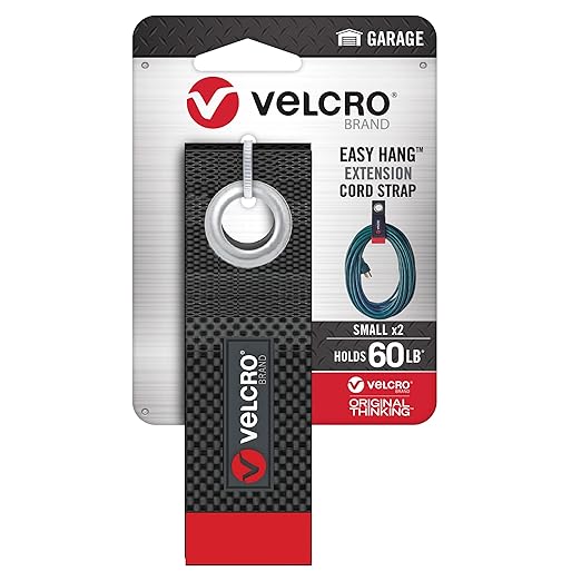 VELCRO Brand Extension Cord Organizer Holder. Heavy Duty Straps for Garage Organization and Storage. Rust Resistant Grommet Hangs Easily on Wall 2pk,Small 10-inch,60bs Weight Rating,Black