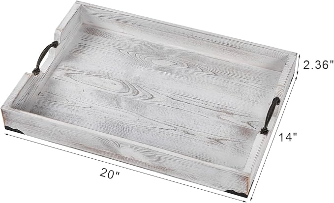 Large Wood Rectangular Serving Tray 20 x 14 Inch Rustic Wooden Ottoman Tray with Metal Handle and Wrapped Corners, Wood Coffee Table Tray Solid Pine Decorative Tray Whitewashed
