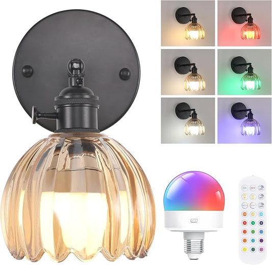 Vintage Battery Operated Wall Sconce with Cute Amber Tulip Glass Lampshade Wireless Rechargeable Battery Powered Black Wall Light with Remote Control for Bedside Bedroom Doorway