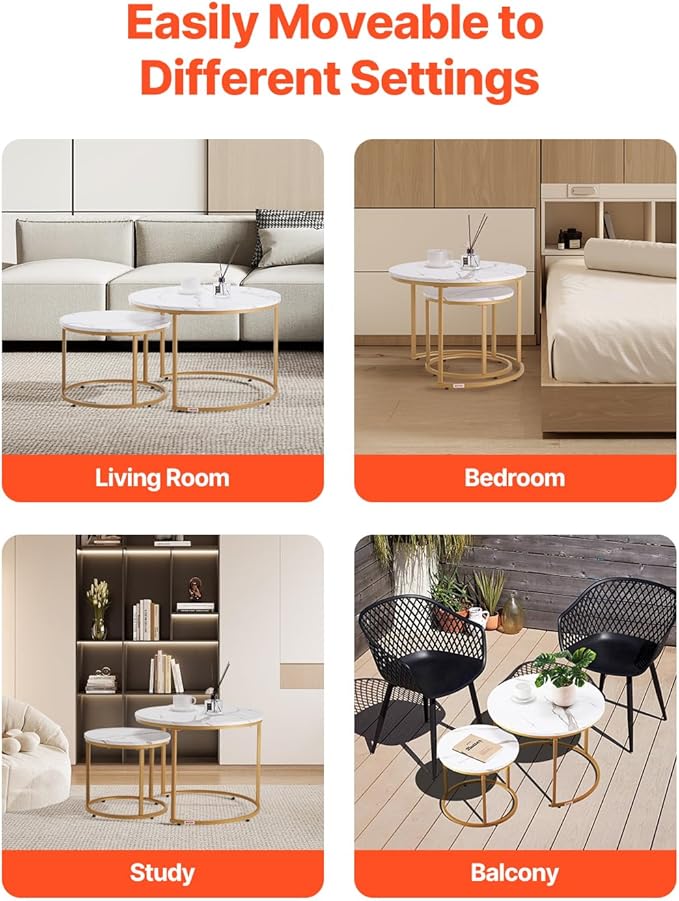 VEVOR Nesting Tables, Coffee Table Set of 2, 27.6 inch Round Coffee Table, Small Coffee Tables Night Stand with Metal Frame, for Living Room, Bedroom, Office (White & Gold)