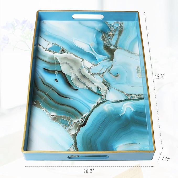 Spsyrine Decorative Tray, Plastic Marble Serving Tray with Handles for Breakfast, Ottoman, Coffee Table, Bathroom, Kitchen, Living Room 15.6” X 10.2"