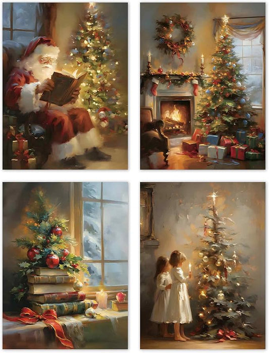 TLESKE Vintage Winter Christmas Posters Prints Unframed Set of 4, Rustic Christmas Tree Wall Art Prints Decor for Living Room Bedroom Reading Nook Corner, Santa Claus Books Wall Pictures, 12x16 Inches