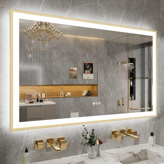 48x36 LED Mirror for Bathroom with Gold Frame, Backlit and Front Lighted Bathroom Mirrors for Wall, Stepless Dimmable Vanity Mirror with Lights, Anti-Fog, Memory,Shatterproof
