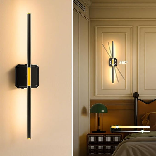 10000mAh Detachable Battery Operated Wall Sconce, Wireless Wall Lamp 360°Rotate,3000-6500K Dimmable, Rechargeable Modern Wall Light for Bedroom, Living Room，28.3" Black Gold (1 Pack)