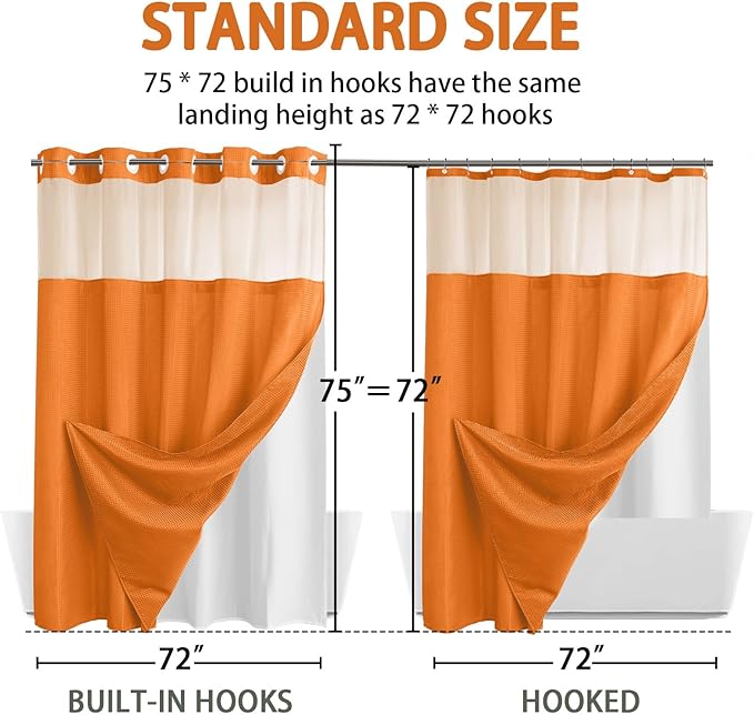 YellyHommy No Hook Shower Curtain with Snap in Liner Set Less Time Waffle Shower Curtain for Bathroom 75" L x 72" W Orange