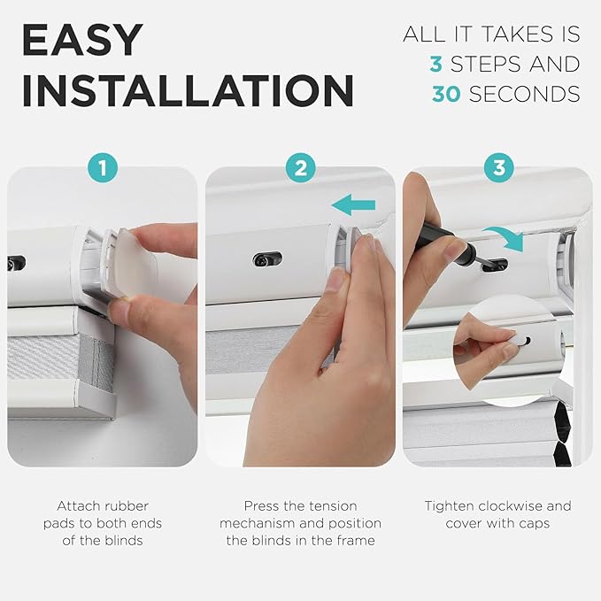 Joydeco No Tools No Drill Blinds for Indoor Windows, Cordless Window Blinds Cellular Shades Top Down Bottom Up Blackout Honeycomb Blinds Thermal Insulated Noise Reduction (White, 62" W x 96" H)