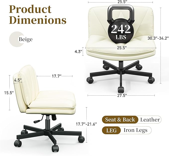 Armless Criss Cross Chair with Wheels, Leather Cross Legged Office Chair with 2-Layer Cushion,Swivel Modern Home Office Desk Chair 25.5" Wide Seat Height Adjustable,Comfy Vanity Chairs,Beige