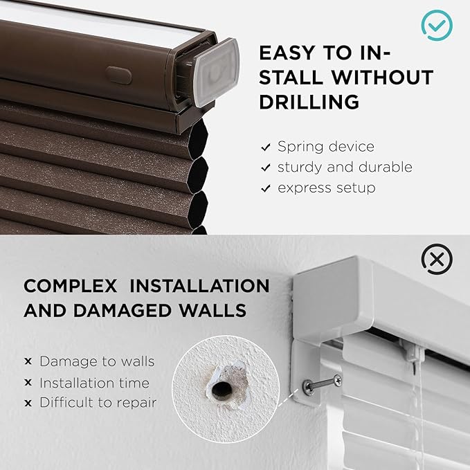 Joydeco No Tools No Drill Blinds for Indoor Windows, Cordless Window Blinds Cellular Shades Top Down Bottom Up Blackout Honeycomb Blinds Thermal Insulated Noise Reduction (Dark Brown, 22" W x 64" H)
