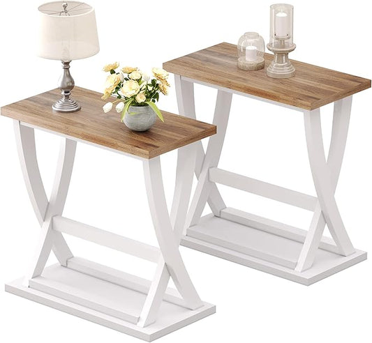 ChooChoo Farmhouse End Tables Living Room Set of 2, Narrow Side Table with Storage Shelf, Modern X-Design Slim End Table for Living Room, 11.8" D*23.6" W*23.4" D