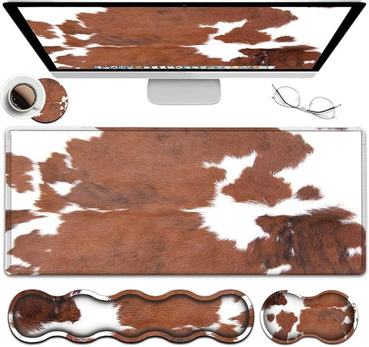 Large Mouse Pad and Gel Mouse Wrist Rest+ Memory Foam Keyboard Wrist Rest Support Set, Non-Slip Rubber Base for Office,Home,Computer,Extended Gaming Mousepads XXL Animal Skin Brown Cowhide Desk Mat