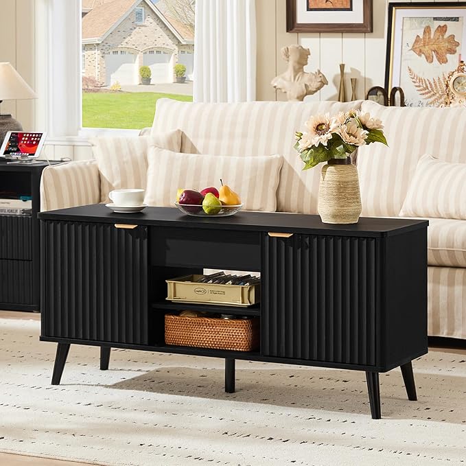 LEYAOYAO 48" Fluted Lift Top Coffee Table with Hidden Storage & Adjustable Shelves, Lifting Tabletop Large Rectangular Coffee Tables, Mid Century Modern Wood Center Table for Living Room,Black