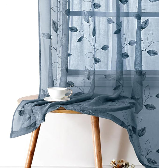 HOMEIDEAS Stone Blue Floral Sheer Curtains 84 Inches Long 2 Panels Embroidered Pattern Semi Sheer Window Curtains for Bedroom Living Room