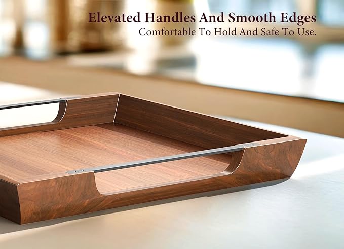 Large Ottoman Tray: 20" Square Acacia Wood Serving Tray with Unique Metal Handles – Extra Large Decorative Tray for Coffee Table, Breakfast in Bed, Charcuterie, Kitchen, Living Room & Party
