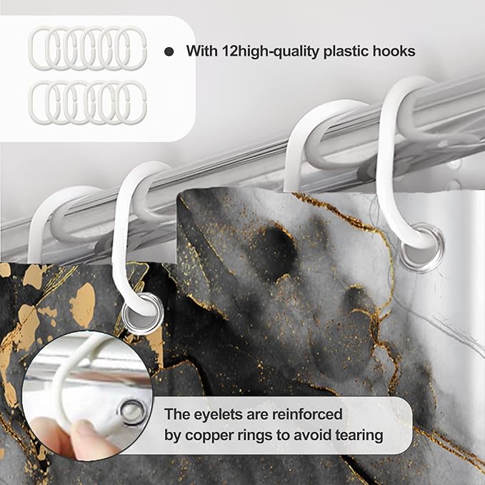 AWERT Dreamy Ink Art Black Glod Marble Shower Curtain for Bathroom Modern High Definition Printing Waterproof Shower Curtain with Hooks Bathroom Decor 72x78inch