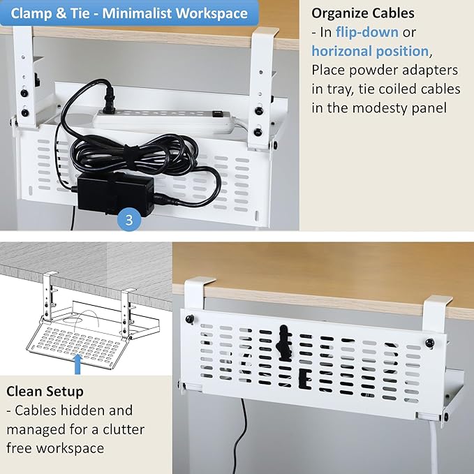 AEONS Universal Under Desk Cable Management Tray-Clamp Mount Hinged Swing Modesty Panel Organizer for Office Desks Easy Access Flip-Down position Power Strip Cord Storage No-Drill 25 lb Capacity White