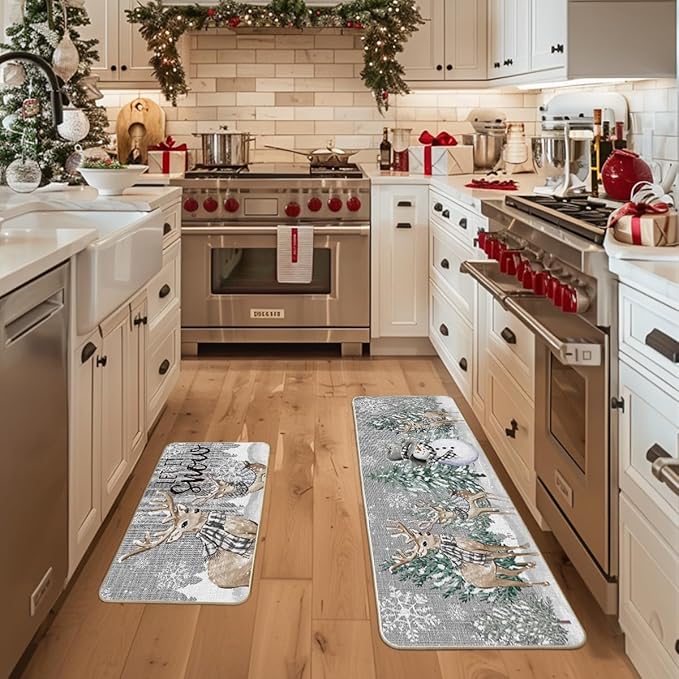 Artoid Mode Deer Tree Let It Sonw Snowflakes Christmas Kitchen Mats Set of 2, Winter Decor Low-Profile Kitchen Rugs for Floor - 17x29 and 17x47 Inch