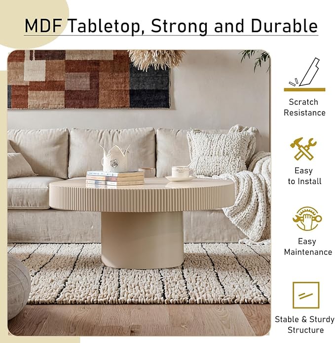 Round Fluted Coffee Table Mid Century Modern Coffee Tables with Handcrafted Relief Circle Drum End Table Rustic Industrial Center Tables for Apartment Living Room (White Round Thin)