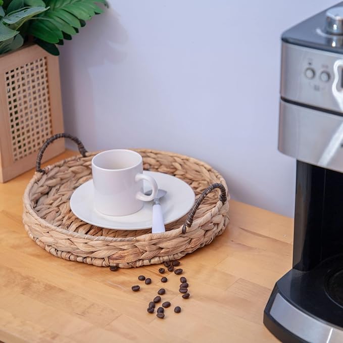 Water Hyacinth Round Tray Natural Coffee Table Tray with Handles Ottoman Table Trays for Coffee, Breakfast and Dinner, 11.8-inch,Decoratve Serving Trays.