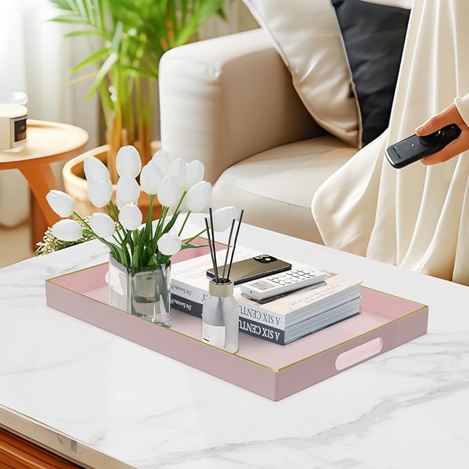 MAONAME Pink Serving Tray with Handles, Rectangular Decorative Tray, Modern Coffee Table Trays, Plastic Ottoman Trays for Bathroom, Decor, 15.7” x 11.8” x 1.57"
