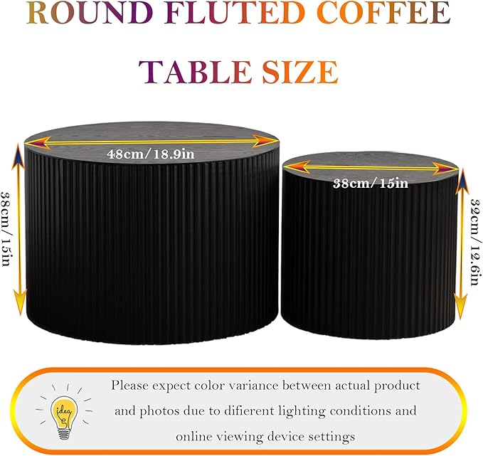 Black Round Fluted Coffee Table Set of 2 - Handcraft Embossed Design, Stylish Combination Center Drum Table for Living Room - No Assemble Needed (D-18.9IN+15IN)